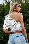 Explore More Collection - Polka Dot One-Shoulder Ruffled Crop Top