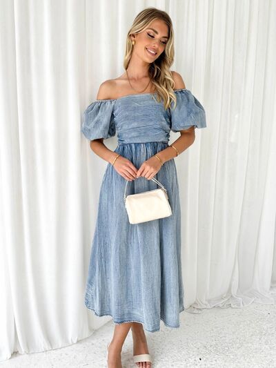 Explore More Collection - Off-Shoulder Balloon Sleeve Denim Dress