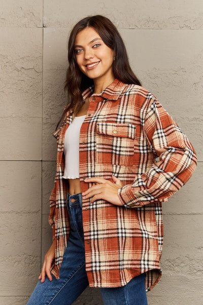 Explore More Collection - Full Size Plaid Collared Neck Button-Down Long Sleeve Jacket