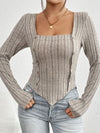 Explore More Collection - Ribbed Decorative Button Long Sleeve T-Shirt