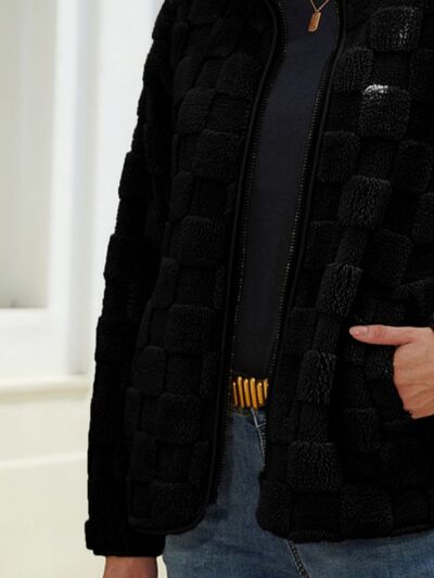 Explore More Collection - Fuzzy Checkered Zip Up Jacket