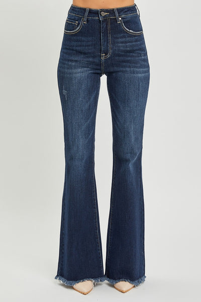 Explore More Collection - RISEN High Waist Raw Hem Flare Jeans