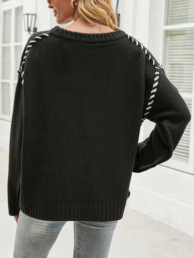 Explore More Collection - Contrast Round Neck Drop Shoulder Knit Top