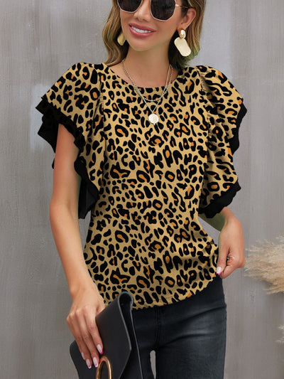 Explore More Collection - Leopard Round Neck Flounce Sleeve Blouse