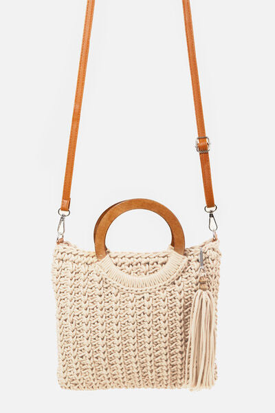 Explore More Collection - Fame Crochet Knit Convertible Tote Bag with Tassel