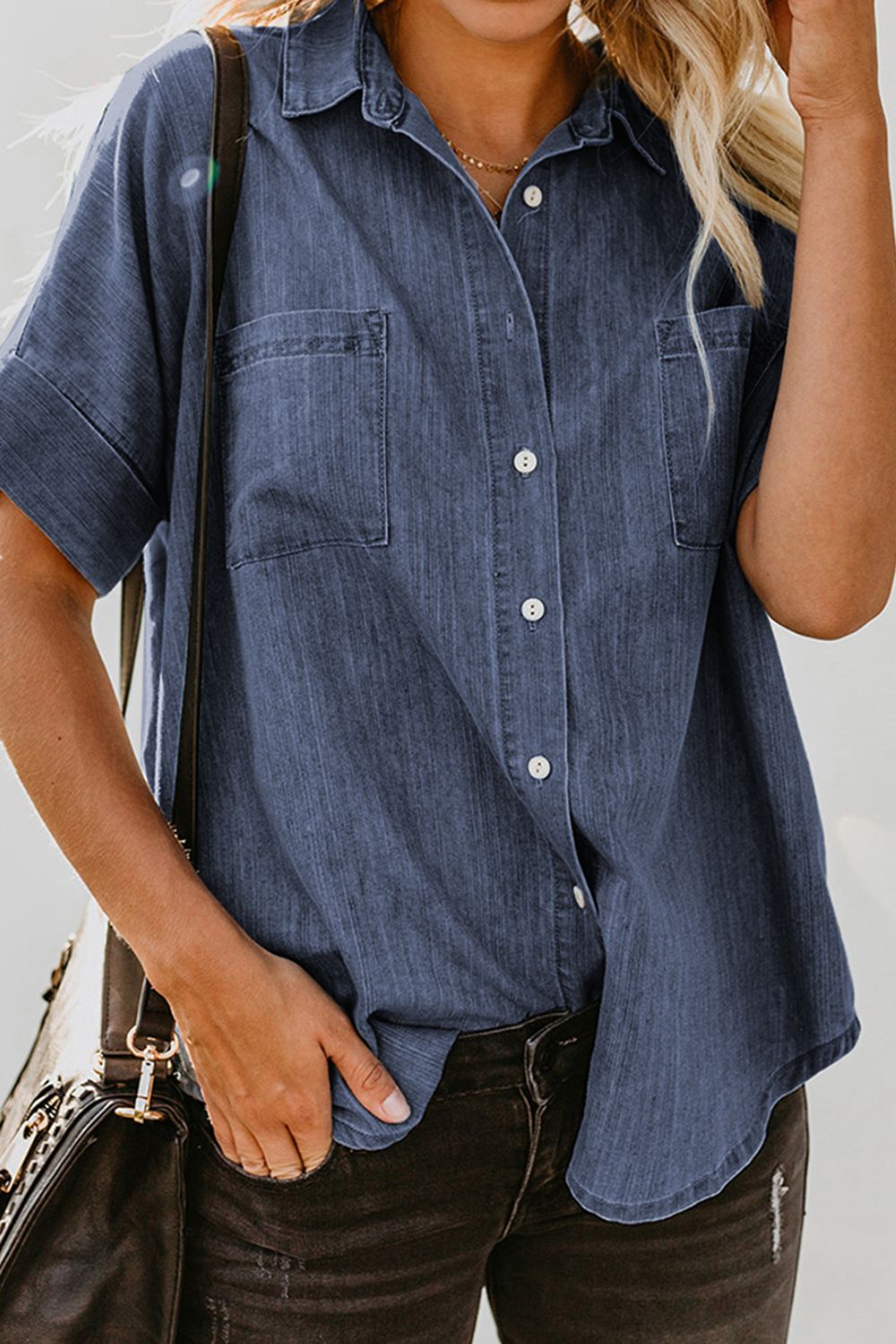 Explore More Collection - Pocketed Button Up Short Sleeve Denim Shirt