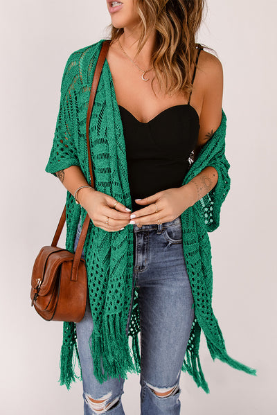 Explore More Collection - Openwork Open Front Cardigan with Fringes