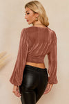 Explore More Collection - Drawstring V-Neck Balloon Sleeve Blouse