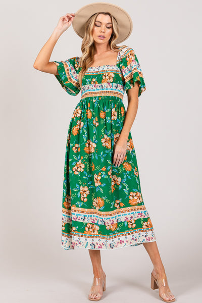 Explore More Collection - SAGE + FIG Printed Smocked Short Sleeve Midi Dress