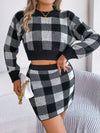 Explore More Collection - Plaid Round Neck Top and Skirt Sweater Set