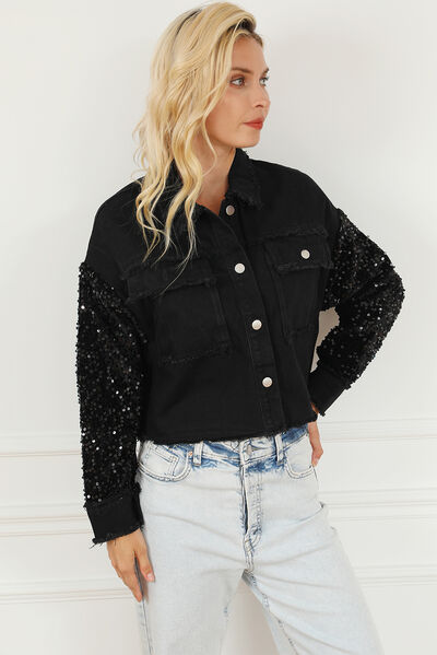 Explore More Collection - Sequin Button Up Raw Hem Denim Jacket