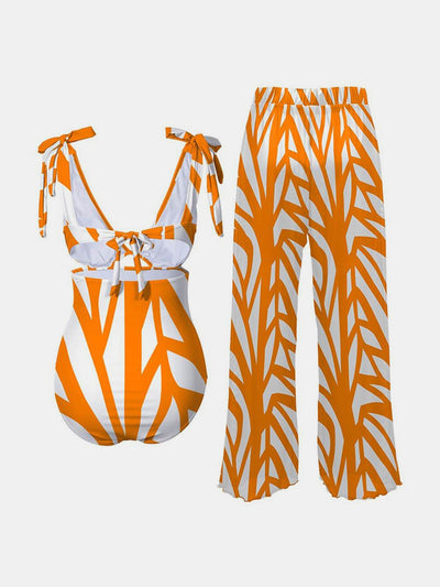 Explore More Collection - Printed Tie Shoulder Swimwear and Pants Swim Set