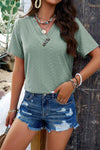 Explore More Collection - Eyelet Decorative Button V-Neck T-Shirt