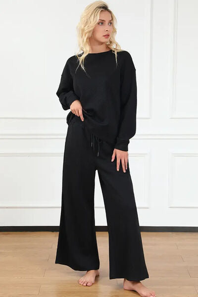 Explore More Collection - Double Take Full Size Textured Long Sleeve Top and Drawstring Pants Set