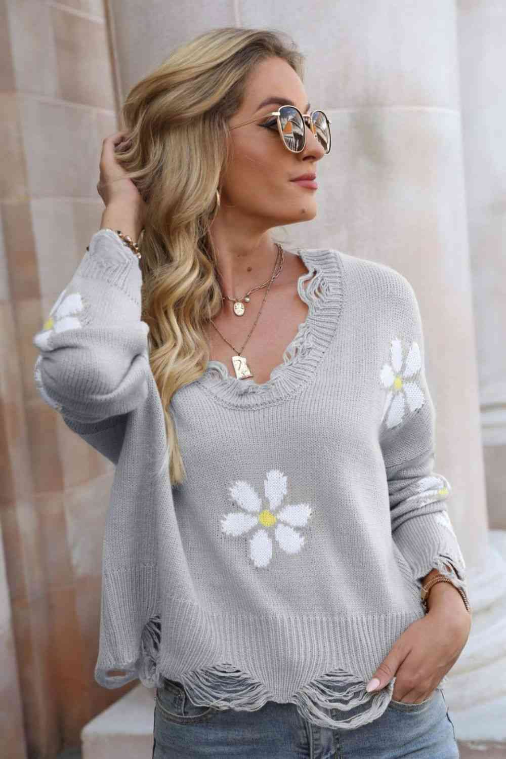 Explore More Collection - Flower Distressed Ribbed Trim Sweater