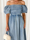 Explore More Collection - Off-Shoulder Balloon Sleeve Denim Dress