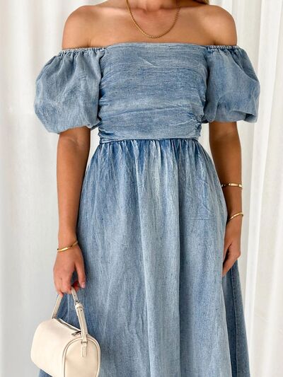 Explore More Collection - Off-Shoulder Balloon Sleeve Denim Dress