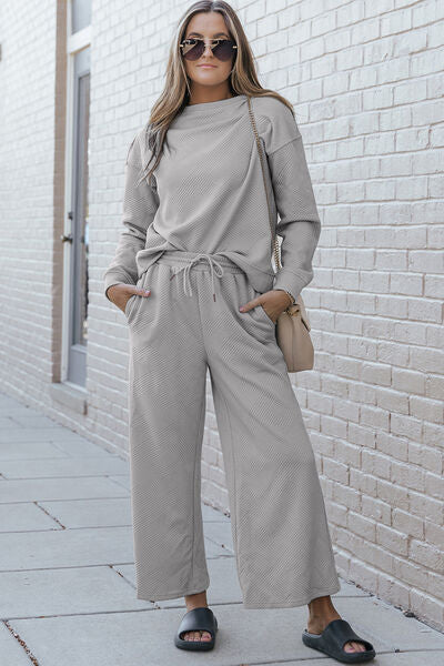 Explore More Collection - Double Take Full Size Textured Long Sleeve Top and Drawstring Pants Set