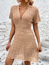 Explore More Collection - Openwork Plunge Short Sleeve Cover-Up Dress