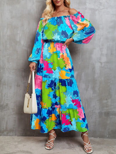 Explore More Collection - Printed Off-Shoulder Balloon Sleeve Tiered Dress