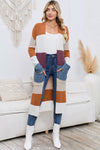 Explore More Collection - Long Color Block Open Front Pocketed Cardigan