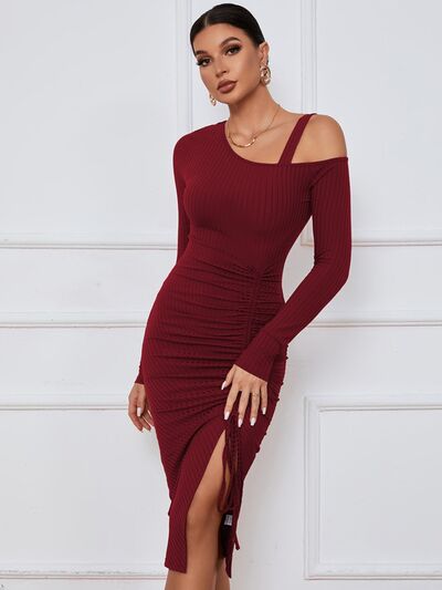 Explore More Collection - Ribbed Ruched Drawstring Wrap Dress