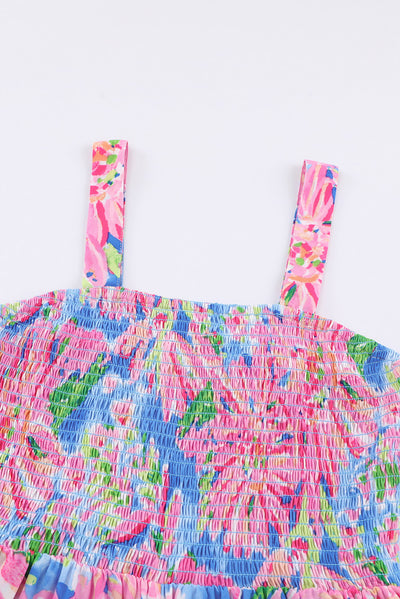 Explore More Collection - Floral Smocked Square Neck Jumpsuit with Pockets