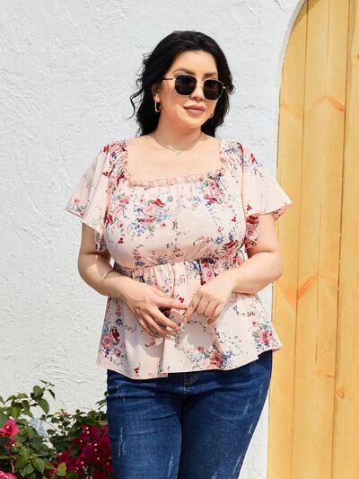 Explore More Collection - Plus Size Frill Printed Flutter Sleeve Blouse