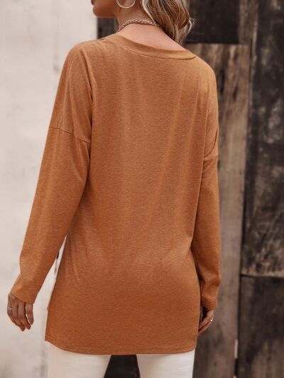 Explore More Collection - V-Neck Slit Long Sleeve T-Shirt