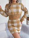 Explore More Collection - Plaid Round Neck Top and Skirt Sweater Set