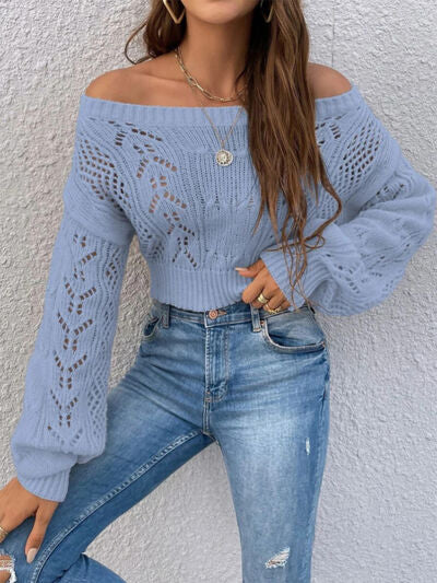 Explore More Collection - Openwork Off-Shoulder Long Sleeve Sweater