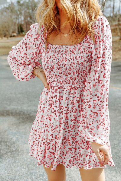 Explore More Collection - Smocked Floral Square Neck Balloon Sleeve Dress