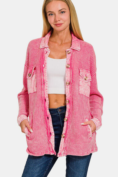 Explore More Collection - Zenana Waffle-Knit Button Up Dropped Shoulder Jacket