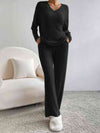 Explore More Collection - Ribbed V-Neck Long Sleeve Top and Pants Set