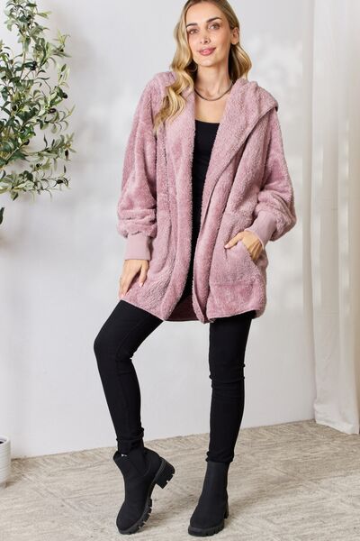 Explore More Collection - H&T Faux Fur Open Front Hooded Jacket