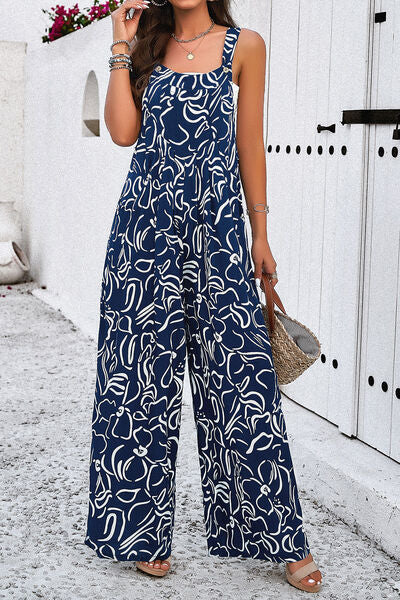 Explore More Collection - Printed Wide Strap Jumpsuit with Pockets