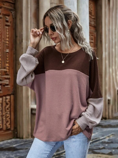 Explore More Collection - Color Block Waffle-Knit Long Sleeve Top