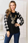 Explore More Collection - Heimish Full Size Sequin Reindeer Graphic Plaid Top