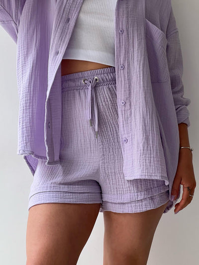 Explore More  Collection - Texture Button Up Shirt and Drawstring Shorts Set