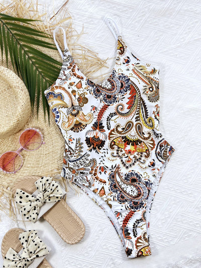 Explore More Collection - Printed Tie Back Scoop Neck One-Piece Swimsuit