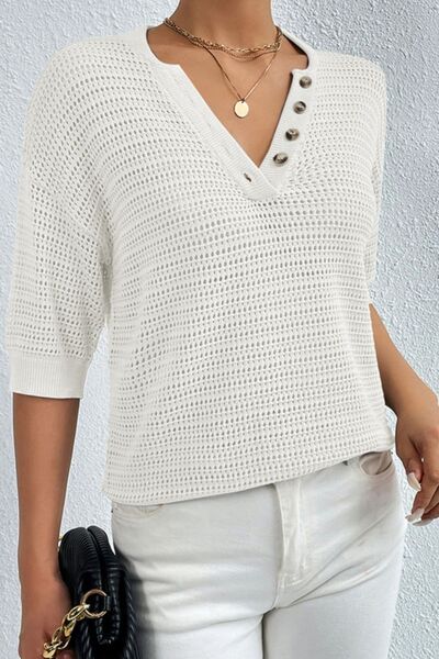 Explore More Collection - Openwork Half Button Dropped Shoulder Knit Top