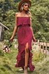 Explore More Collection - Polka Dot Strapless Slit Ruffled Maxi Dress