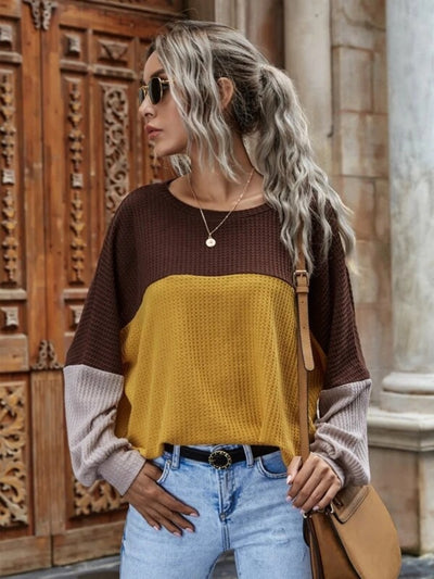 Explore More Collection - Color Block Waffle-Knit Long Sleeve Top