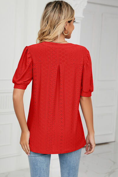 Explore More Collection - Eyelet Notched Short Sleeve T-Shirt