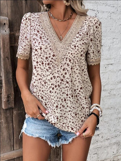 Explore More Collection - Full Size Printed V-Neck Short Sleeve Blouse