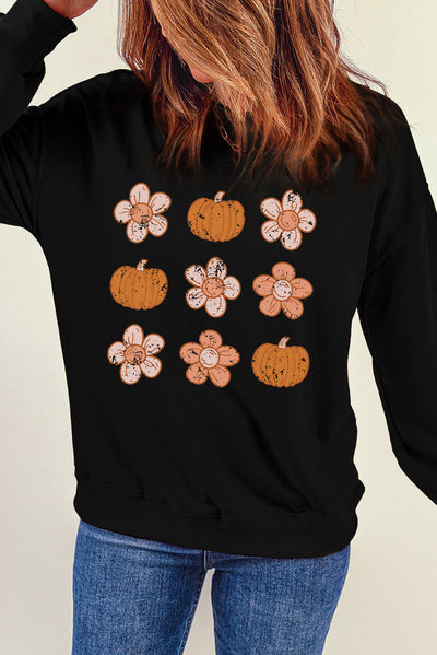 Explore More Collection - Round Neck Long Sleeve Pumpkin & Flower Graphic Sweatshirt