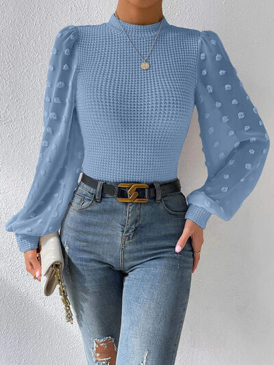 Explore More Collection - Swiss Dot Waffle-Knit Lantern Sleeve T-Shirt