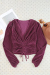 Explore More Collection - Drawstring V-Neck Balloon Sleeve Blouse