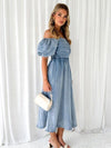 Explore More Collection - Off-Shoulder Balloon Sleeve Denim Dress