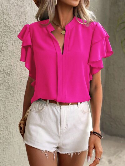 Explore More Collection - Ruffled Notched Short Sleeve Blouse